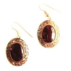 Faux Purple Amethyst & Gold Tone Victorian Revival Vintage Oval Pierced Earrings